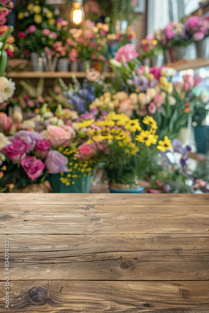 Fototapeta premium A wooden counter in the foreground with a blurred background of a flower shop. The background features various bouquets, potted plants, floral arrangements, and a colorful, fragrant display.