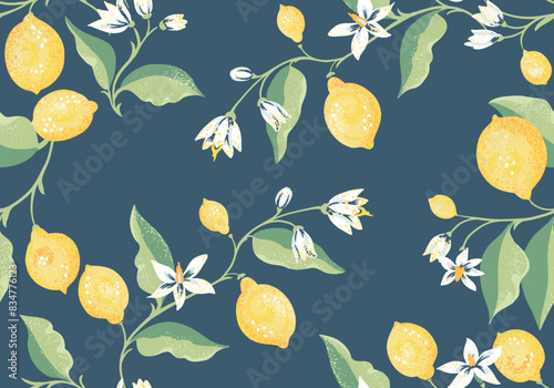 Tropical summer seamless pattern with yellow lemons leaves on branches on a dark turquoise background. Vector hand drawing illustration. Abstract artistic citrus stems repeated printing. Ornament