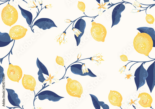 Abstract artistic yellow lemons on branch with blue leaves seamless pattern on a light background. Vector hand drawing illustration. Blooming citrus stems repeated printing. Ornament for designs