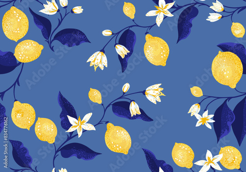 Colorful blue seamless pattern with yellow lemons on branches and leaves. Vector hand drawing illustration. Abstract artistic citrus stems repeated printing. Ornament for designs textiles kitchen