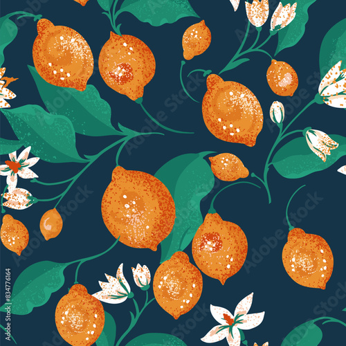 Colorful summer seamless pattern with yellow lemons on branch, green leaves on a dark background. Vector hand drawing. Abstract artistic fruits citrus illustration for printing. Ornament repeated