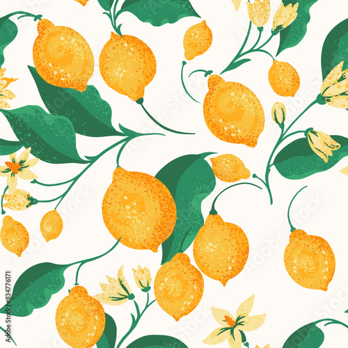 Tropical seamless pattern with yellow lemons on branch, green leaves on a white background. Vector hand drawing. Abstract artistic summer fruits citrus illustration for printing. Ornament repeated