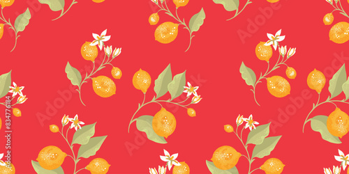 Tropical yellow lemons on branch with leaves scattered randomly on a seamless pattern. Vector hand drawing illustration. Abstract artistic citrus fruit repeated printing on a red background.