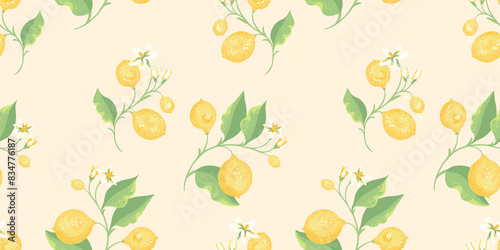 Tropical yellow lemons on branch with leaves scattered randomly on a seamless pattern. Vector hand drawing illustration. Abstract artistic citrus fruit repeated printing on a light background.
