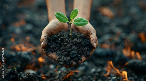 A pair of hands holding a seedling against a backdrop of scorched earth, symbolizing hope for reforestation efforts in degraded landscapes. photo