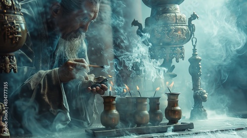 The image shows a monk praying in a temple photo