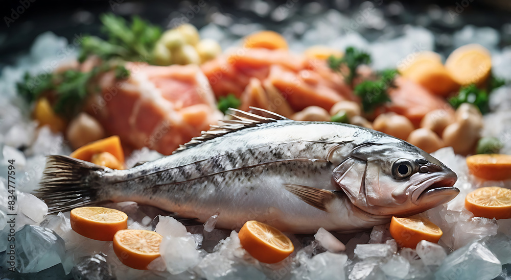 Closeup shot of fresh fish placed and covered with ice , frozen fish and frozen food concept
Closeup shot of fresh fish placed and covered with ice , frozen fish and frozen food concept