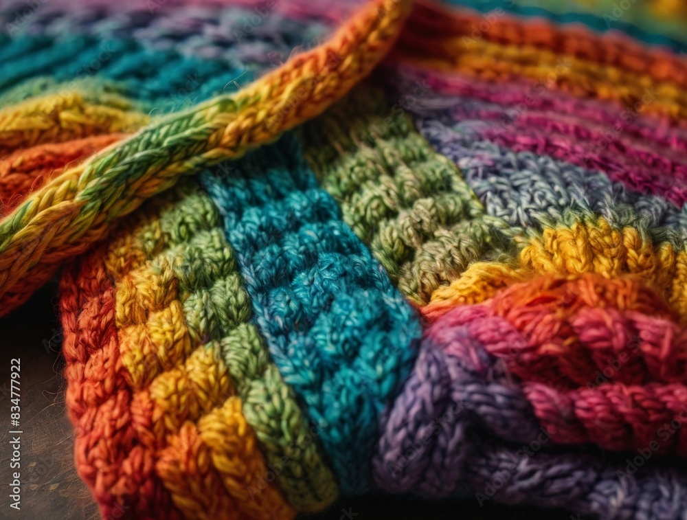 Crochet sweater with many colors of the rainbow. Multicolored crochet blanket with a rainbow pattern. Created by artificial intelligence Crochet sweater with many colors of the rainbow. Multicolored crochet blanket with a rainbow pattern. Created by artificial intelligence