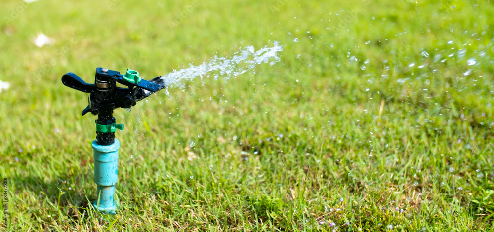 Sprinkler for automatic lawn watering. Lawn cultivation and care, garden irrigation devices. Rainbow over the garden on a sunny day. Sprinkler for automatic lawn watering. Lawn cultivation and care, garden irrigation devices. Rainbow over the garden on a sunny day.