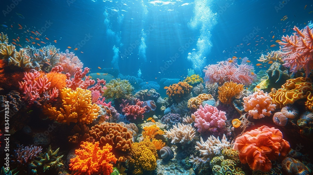 An underwater scene teeming with colorful coral reefs and marine life, celebrating the beauty and biodiversity of healthy ocean ecosystems.