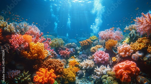 An underwater scene teeming with colorful coral reefs and marine life, celebrating the beauty and biodiversity of healthy ocean ecosystems.