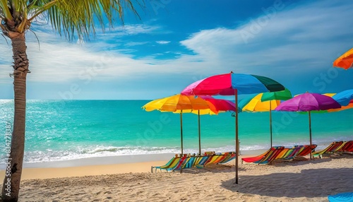 A vibrant beach scene with colorful umbrellas dotting the shoreline against a turquoise sea