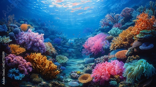 An underwater scene teeming with colorful coral reefs and marine life, celebrating the beauty and biodiversity of healthy ocean ecosystems.