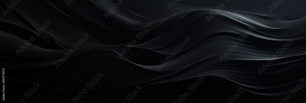 Fototapeta premium Abstract black silk texture background with flowing, wavy patterns and smooth gradients. Horizontal image with space for text.Luxury design, black elegance, abstract background, smooth silk, dark wa