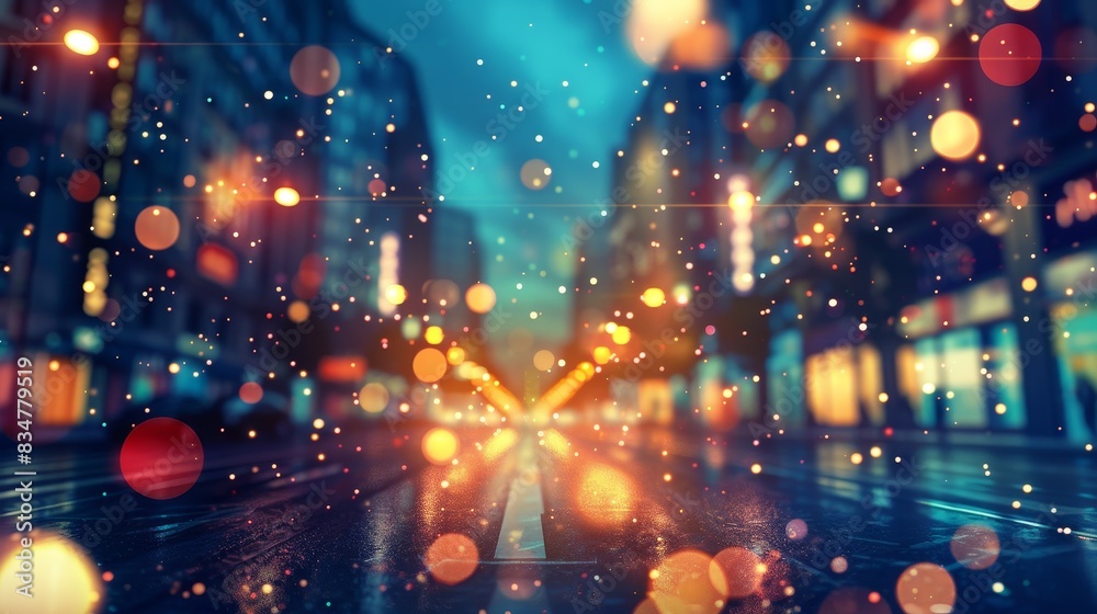 Obraz premium Silent Night in the Urban Jungle: Surreal Illustration of a Deserted Intersection at Dawn with Bokeh Storefronts and Starry Skies