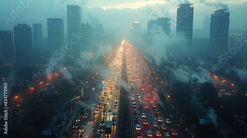 A chaotic cityscape with gridlocked traffic and pollution haze, representing the urban chaos exacerbated by environmental degradation. photo