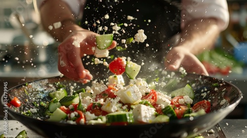 The photo shows a chef tossing a salad with fresh ingredients photo