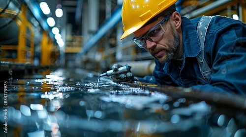 A technician testing industrial wastewater for contaminants, underscoring the need for stringent pollution control measures in manufacturing processes. photo