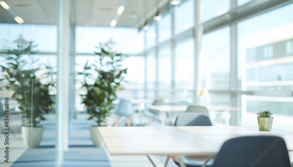 Fototapeta premium Beautiful blurred background of a light modern office interior with panoramic windows and beautiful lighting.