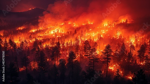 A forest engulfed in flames, depicting the destructive power of wildfires fueled by climate change-induced drought and heatwaves.