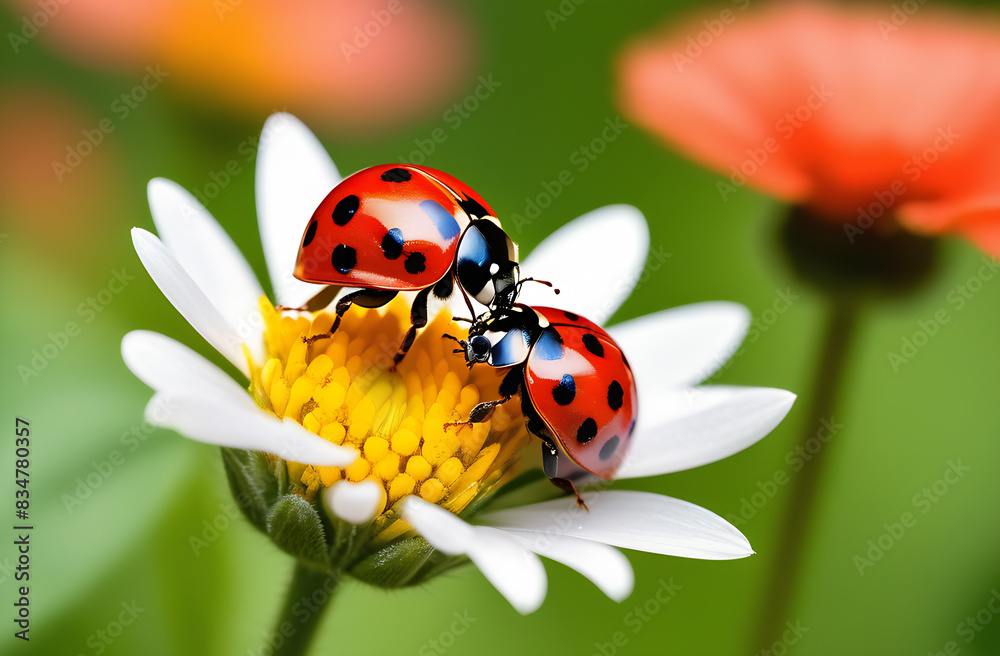 Two beautiful ladybugs couple sit and mate on a flower chamomile in summer Two beautiful ladybugs couple sit and mate on a flower chamomile in summer