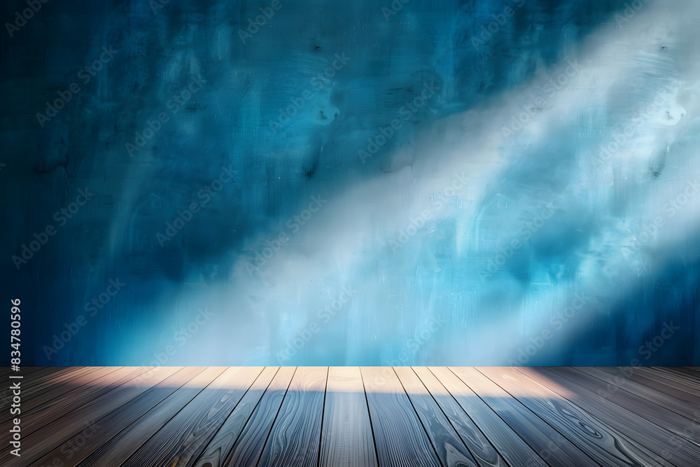 Beautiful versatile backdrop for design and product presentation with blue wall, light reflections and wooden floor. Beautiful versatile backdrop for design and product presentation with blue wall, light reflections and wooden floor.