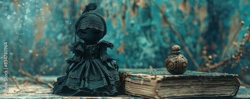 A gothic scene featuring a mystical poppet made of dark fabrics and arcane symbols, positioned against an ancient spell book