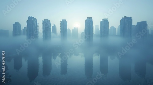A megacity skyline blanketed in smog  portraying the health hazards of air pollution exacerbated by urbanization and industrialization.