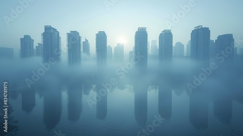 A megacity skyline blanketed in smog, portraying the health hazards of air pollution exacerbated by urbanization and industrialization. photo