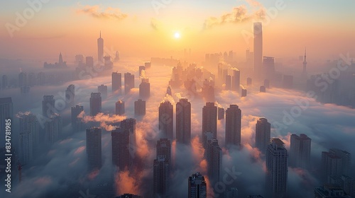 A megacity skyline blanketed in smog, portraying the health hazards of air pollution exacerbated by urbanization and industrialization. photo