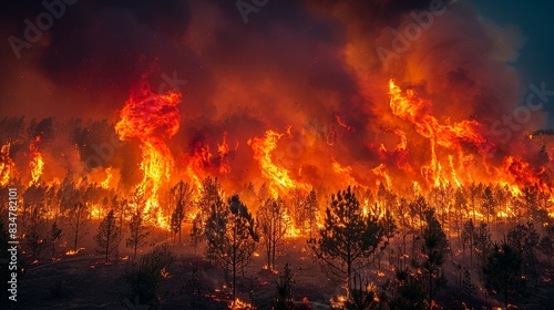 A wildfire raging through a forested area  underscoring the increasing frequency and intensity of wildfires fueled by climate change.