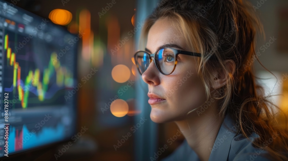 Businesswoman analyzing mutual fund performance Businesswoman analyzing mutual fund performance