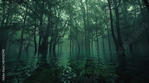 Capture a surreal forest submerged in water from behind  mingling psychological elements with an unexpected viewpoint
