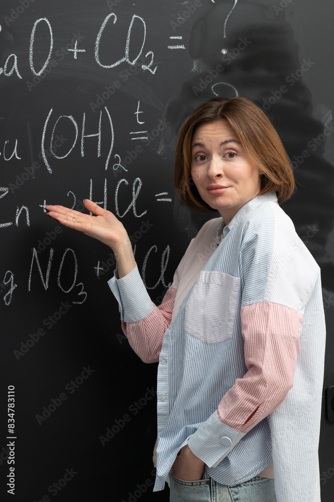 Confused female student writing the formula of a chemical reaction on the blackboard Confused female student writing the formula of a chemical reaction on the blackboard
