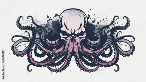 Vector illustration of grunge octopus head with grunge splashes