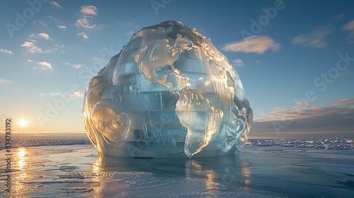 A melting ice sculpture of Earth, serving as a poignant symbol of the urgent need for collective action to address global warming. photo