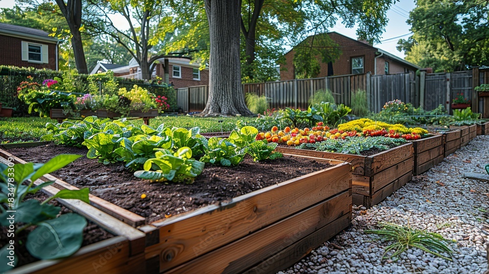 A community garden flourishing with organic produce, promoting sustainable agriculture practices as part of environmental protection efforts.