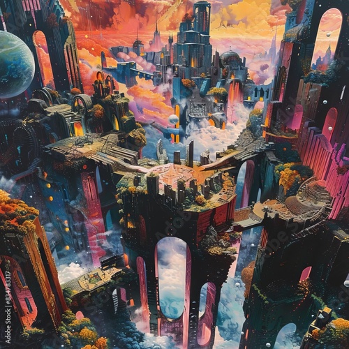 Craft a surreal dystopian landscape seen from above