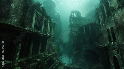 Explore a mysterious, underwater city viewed from the rear, blending psychological concepts with creative camera angles