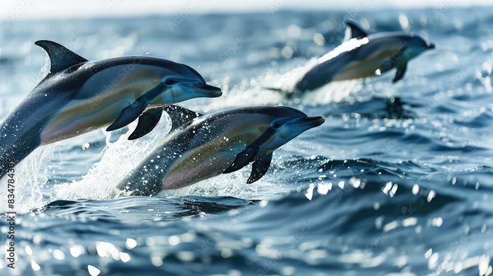 Obraz premium A serene scene of two dolphins swimming side by side in a large, crystal-clear pool, their sleek bodies gliding through the water effortlessly, reflecting their strong bond and intelligence.