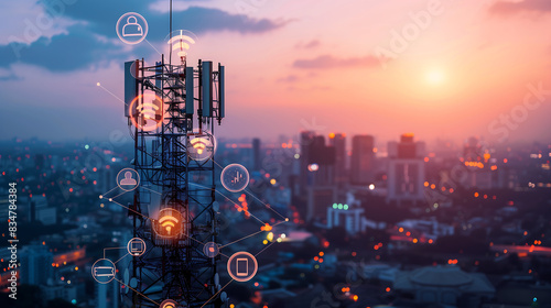 advanced cell tower with digital connections to icons representing various network banner