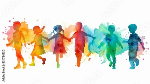 Little kids playing and dancing, cute cartoon watercolor illustration