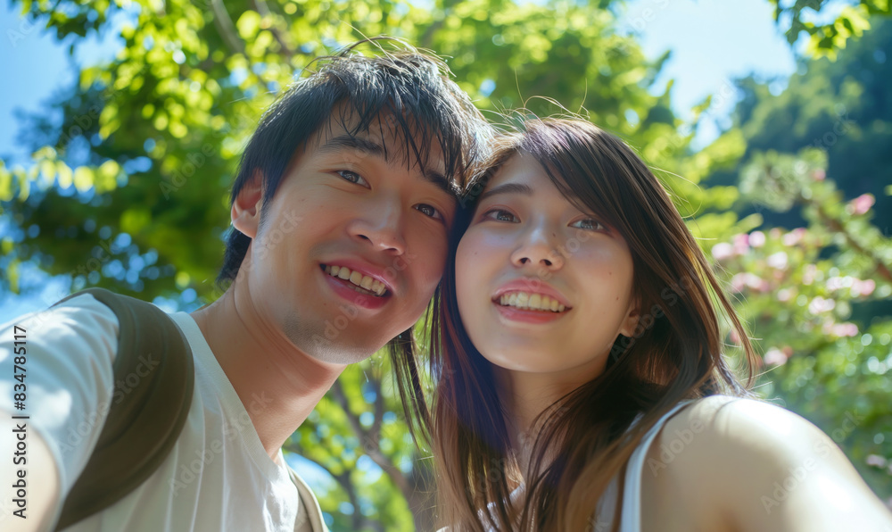 Japanese couple takes a selfie. Selfie against nature background Japanese couple takes a selfie. Selfie against nature background