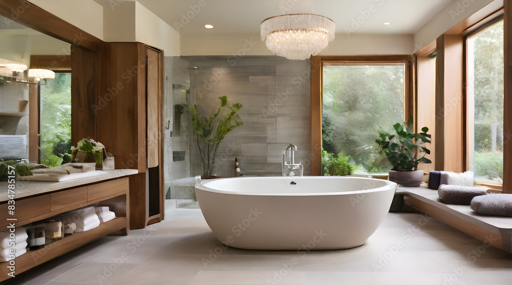 Fototapeta premium Serene Oasis ,Tranquil Master Bathroom with Luxurious Soaking Tub and Spa-Like Amenities,