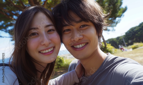 Japanese couple takes a selfie. Selfie against nature background