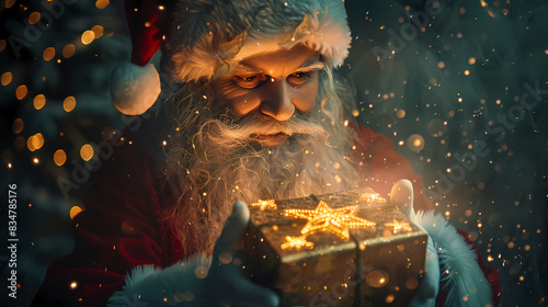 Santa Claus Opening Christmas Present With Golden Stars In Night 