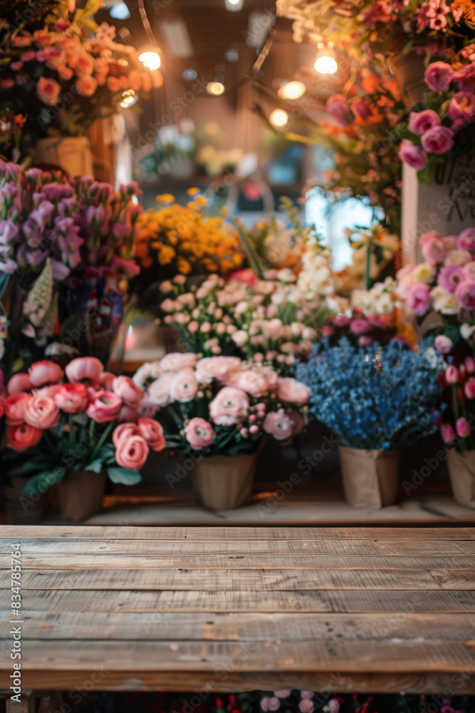 A wooden counter in the foreground with a blurred background of a flower shop. The background features various bouquets, potted plants, floral arrangements, and a colorful, fragrant display. A wooden counter in the foreground with a blurred background of a flower shop. The background features various bouquets, potted plants, floral arrangements, and a colorful, fragrant display.