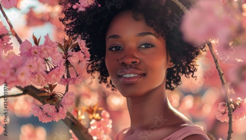 A portrait of a handsome black Afro-American woman posing cheerfully in front of a blooming cherry tree, highlighting beauty and joy in a natural setting © DruZhi Art
