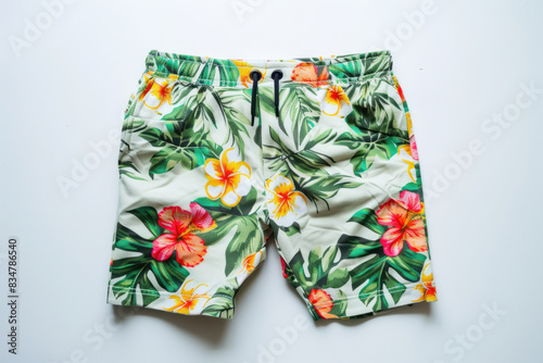 Floral Patterned Men's Swim Shorts on White Background photo