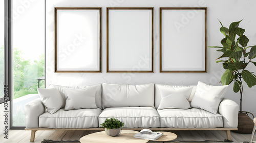 Three empty photo frame for mockup in living room 3d renderingx9